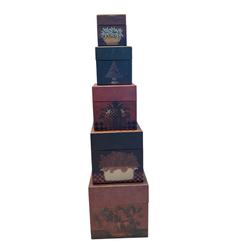 VTG Bob's Boxes Fruits & Flowers Nesting Boxes set of 5 w Lids Festive primative